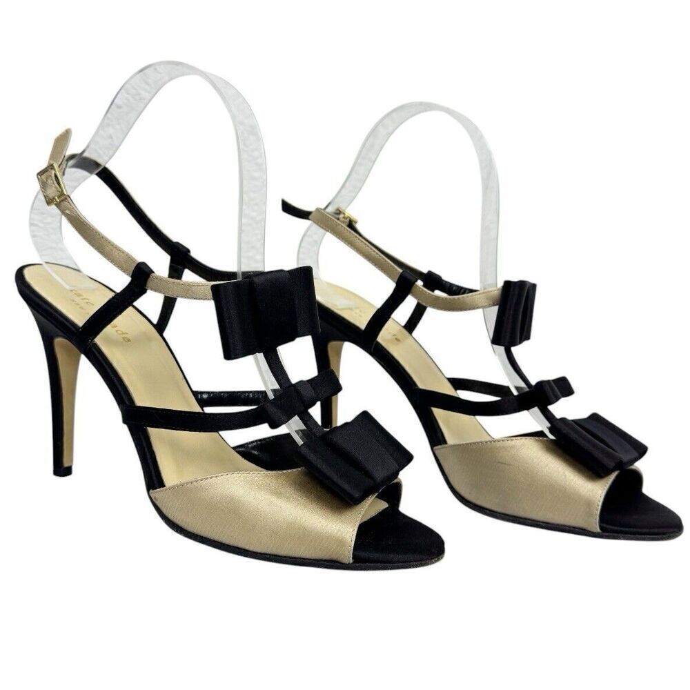 Kate Spade Strappy Heels Sandals 8 B Satin Gold Black Bows Glam Feminine Formal